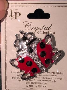 Crystal Collection Red Ladybug Brooch silver Tone